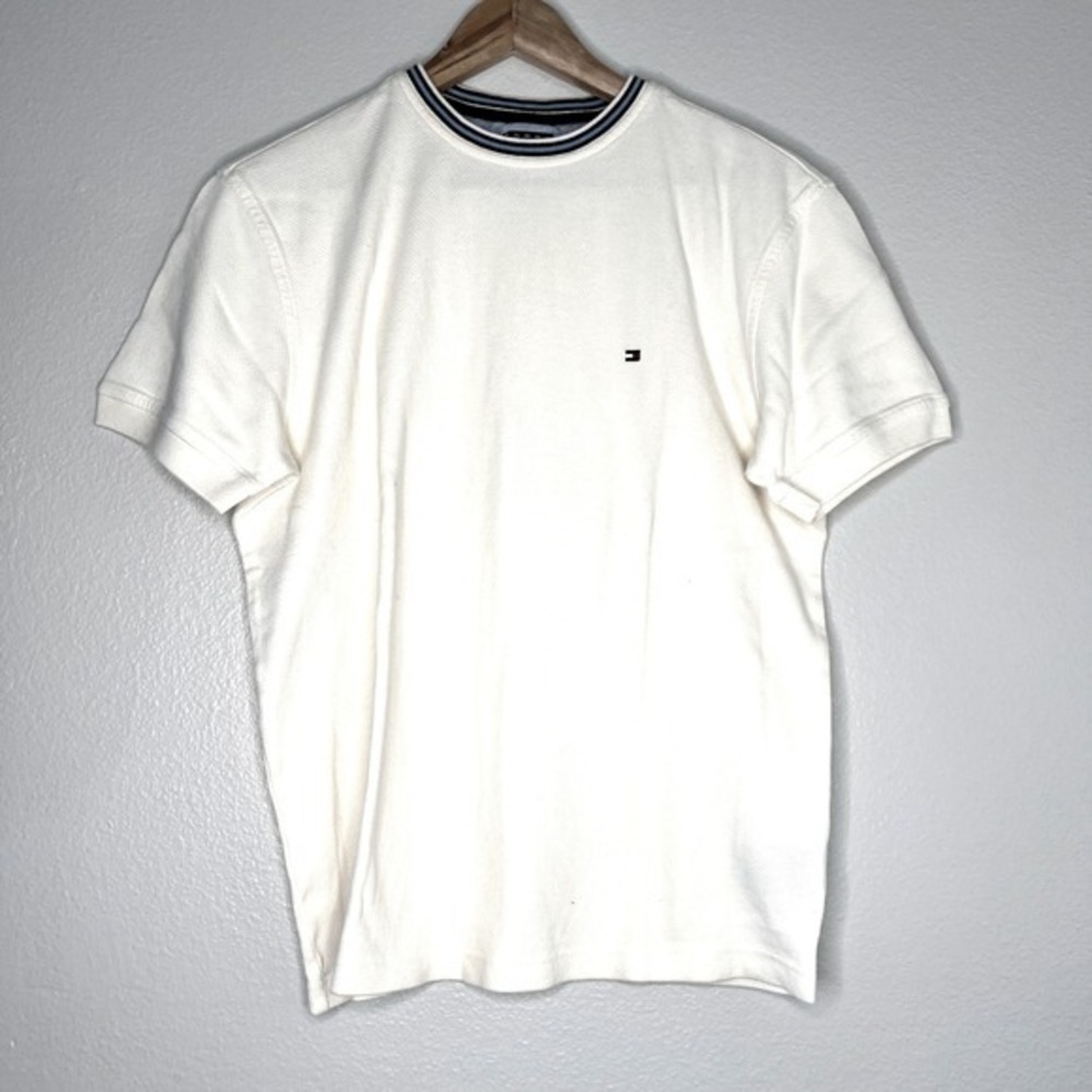 Tommy Hilfiger Vintage Y2K Men's Cream Textured Polo Shirt Short Sleeve Small S‎